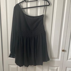 New one shoulder short black dress with gold embellishments - size 14